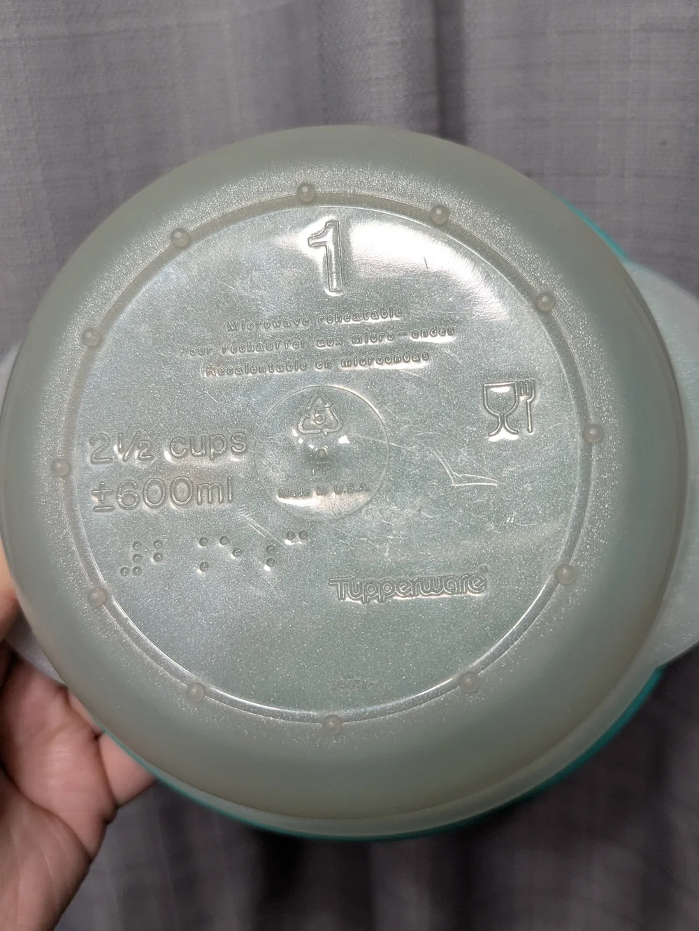 Tupperware #2648 Green Crystalwave #1 Microwave w/yellow flip top 2 1/2 Cup